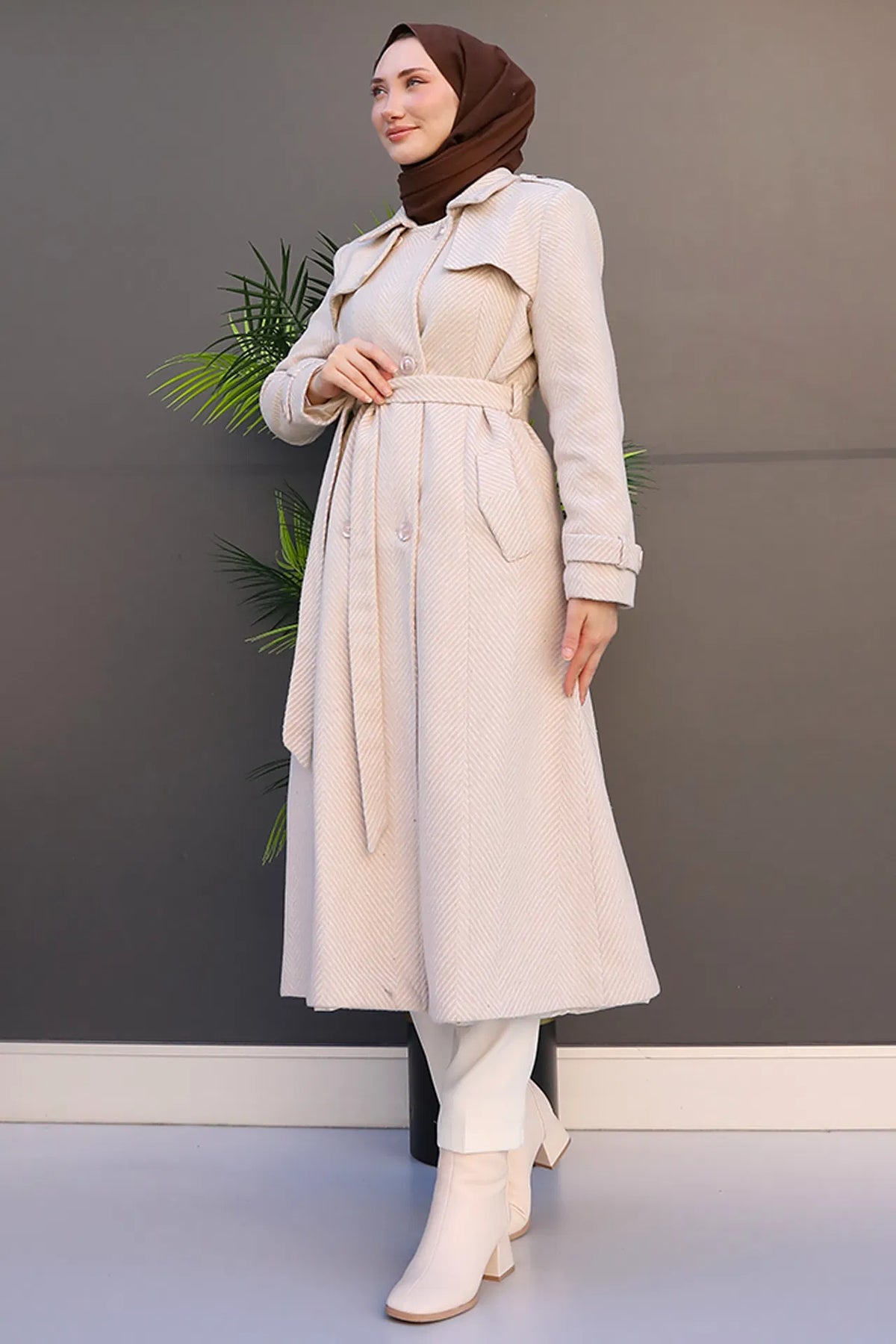 GIZAMILA Striped Belted Cashmere Coat