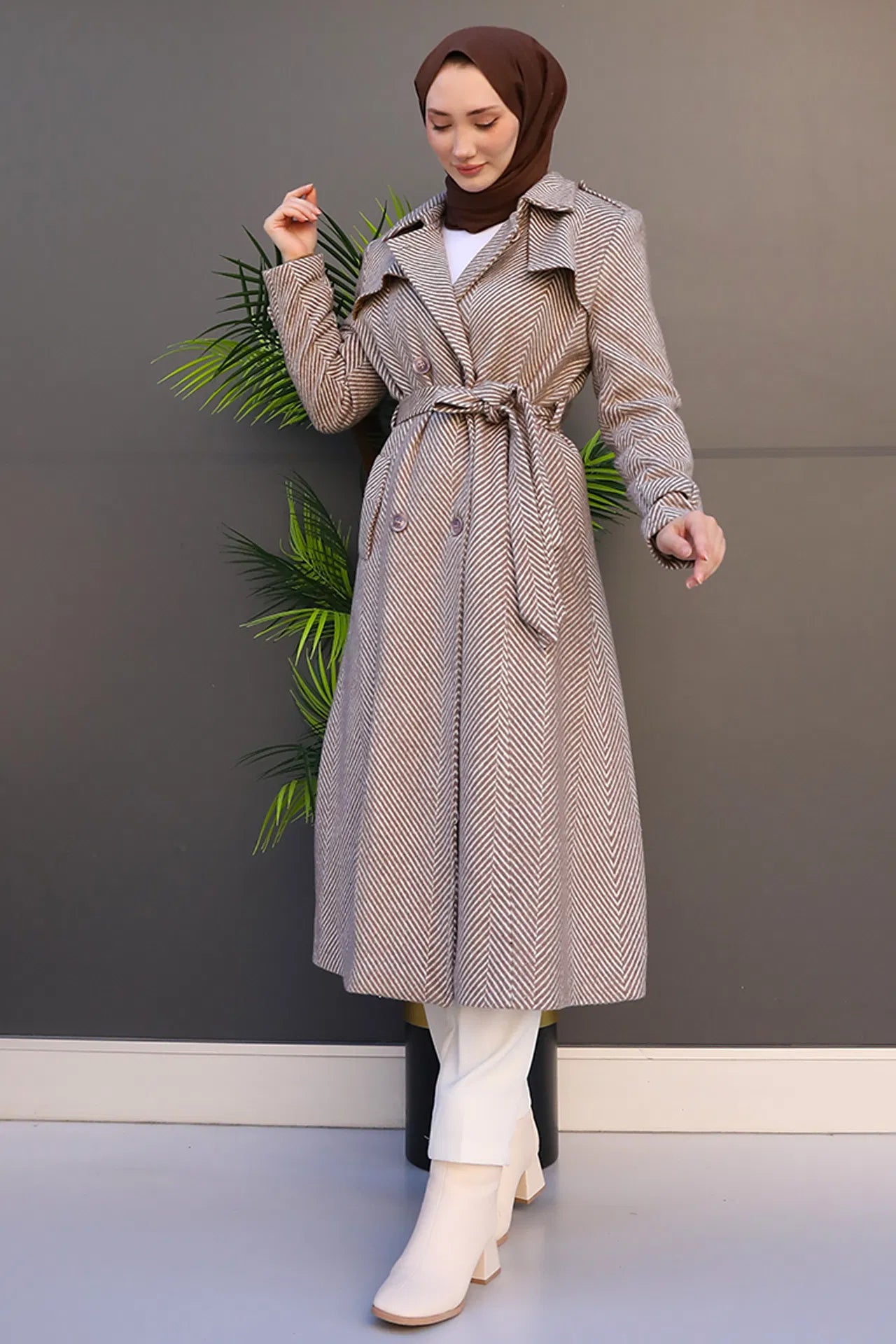 GIZAMILA Striped Belted Cashmere Coat