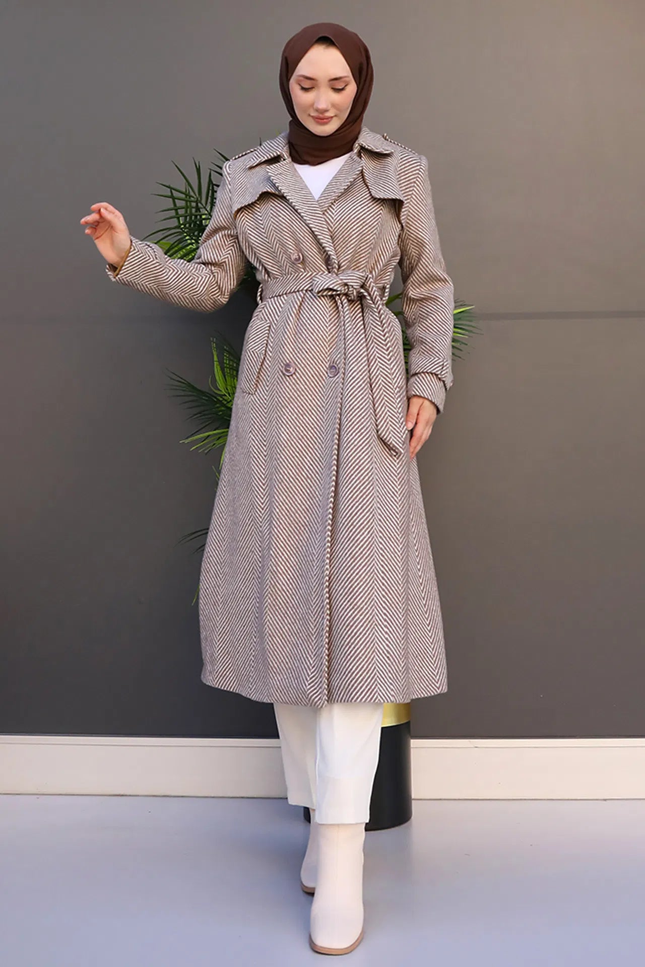 GIZAMILA Striped Belted Cashmere Coat