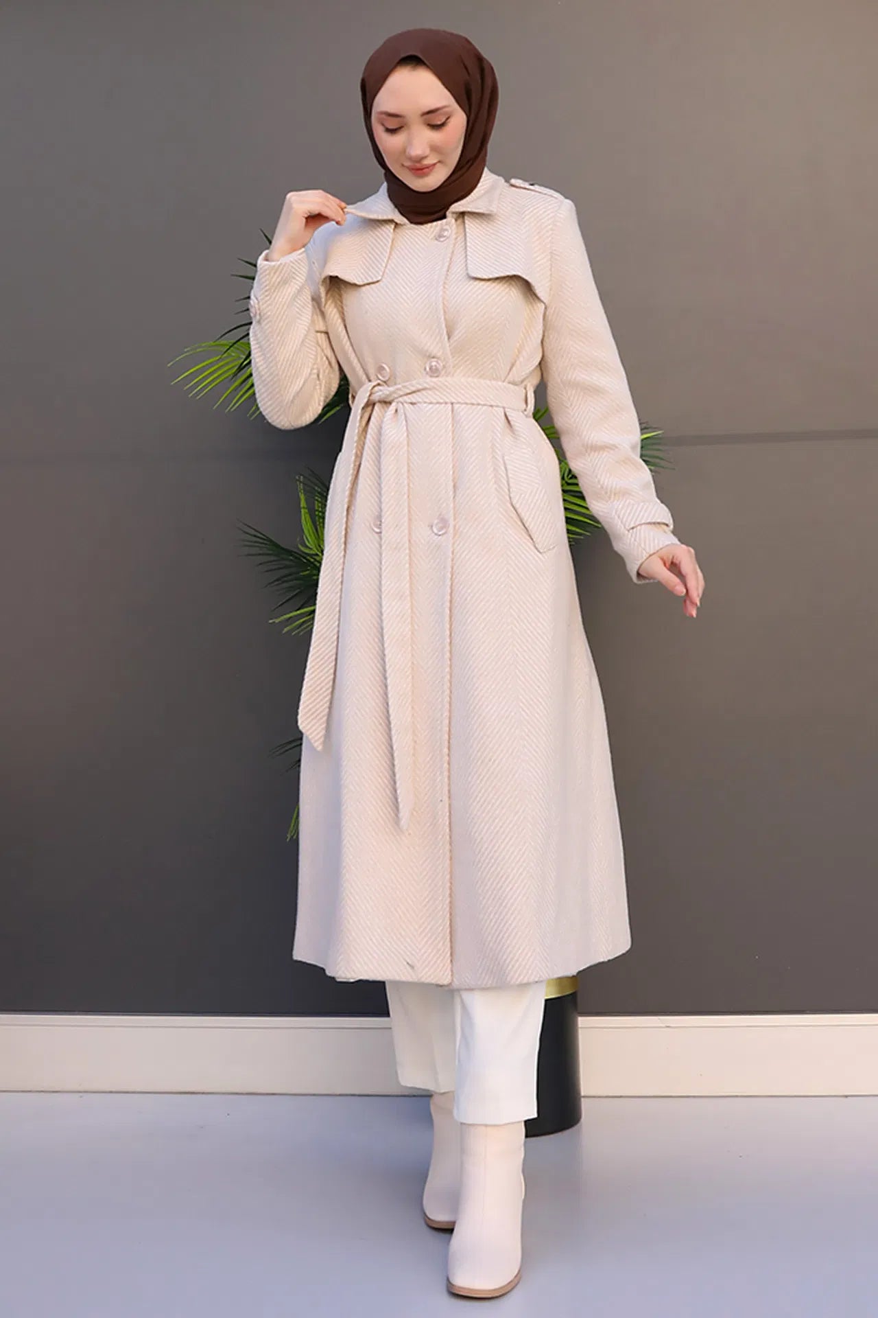 GIZAMILA Striped Belted Cashmere Coat