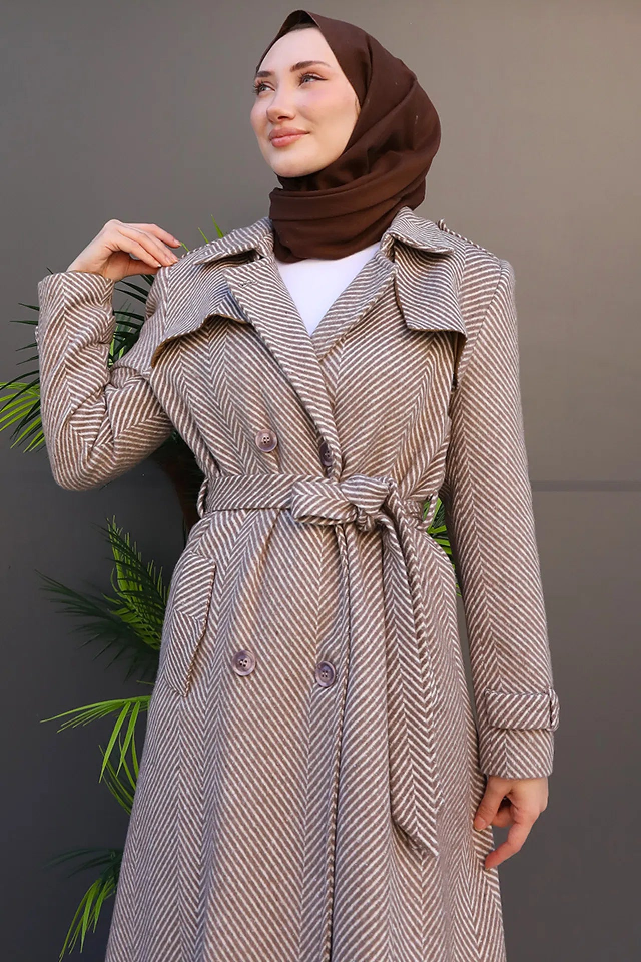 GIZAMILA Striped Belted Cashmere Coat